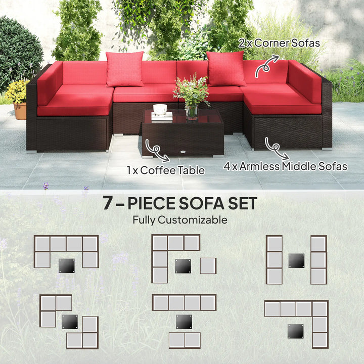 7pc 6-Seat Rattan Wicker Sectional Conversation Sofa Set w Cushions Outdoor Patio, Wine Red, Brown