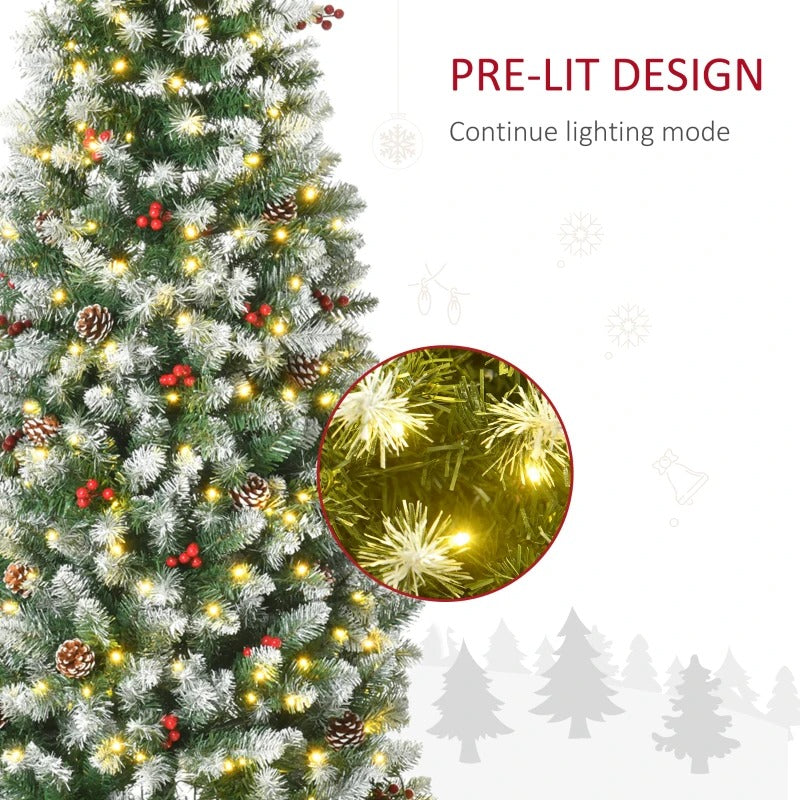 NEW 6ft 618-Tip Pre-lit Snow Tipped Artificial Pencil Christmas Holiday Tree w 300 LED Lights Green