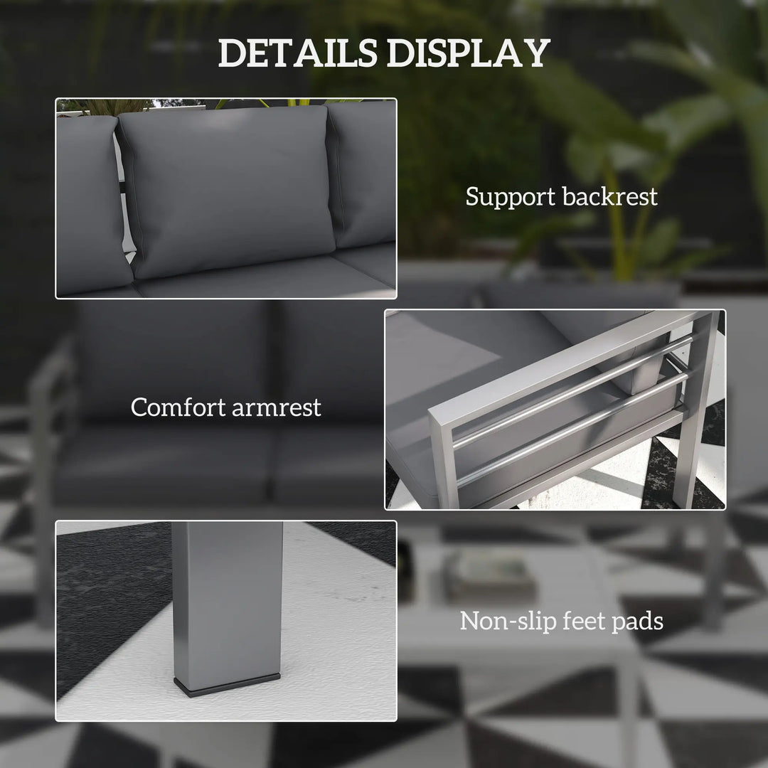 3-Seat Aluminum Conversation Sofa Couch w Armrests Cushions for Deck Balcony Outdoor Patio, Lt Grey
