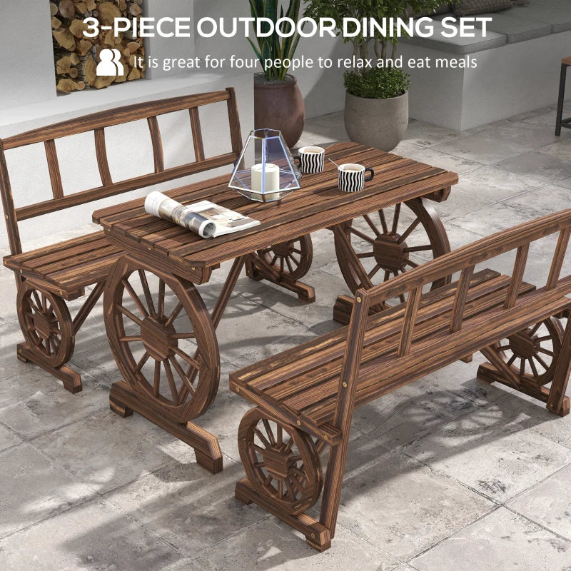 3pc Rustic Farmhouse Wheel Wooden Outdoor Dining Table & Bench Patio Set, Stained Pine, Brown