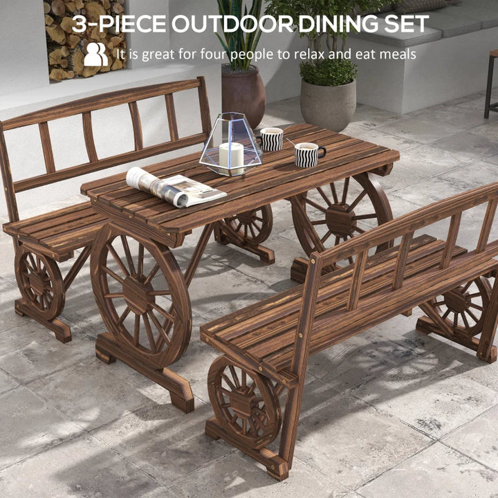 3pc Rustic Farmhouse Wheel Wooden Outdoor Dining Table & Bench Patio Set, Stained Pine, Brown