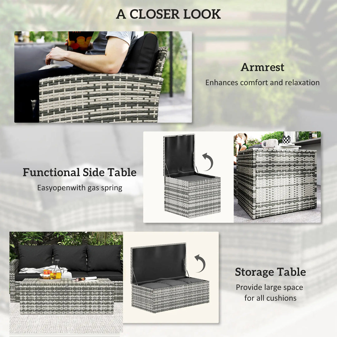 6pc 7-Seat Premium PE Rattan Wicker Conversation Outdoor Patio Set, Cushions & Storage, Grey, Black