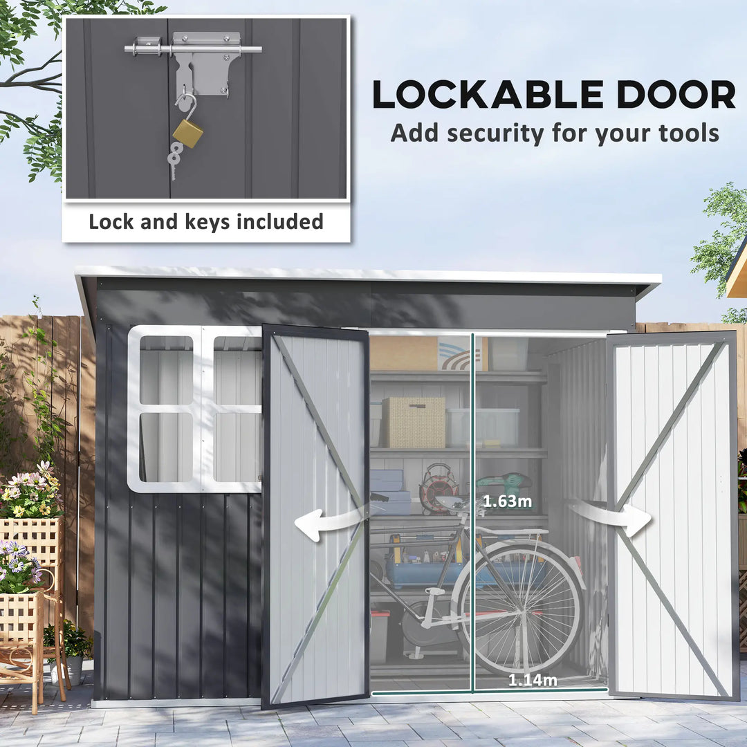 8.5' x 6' Galv Steel Metal Outdoor Storage Shed Garden Organizer w Swing Doors, Window - Dark Grey
