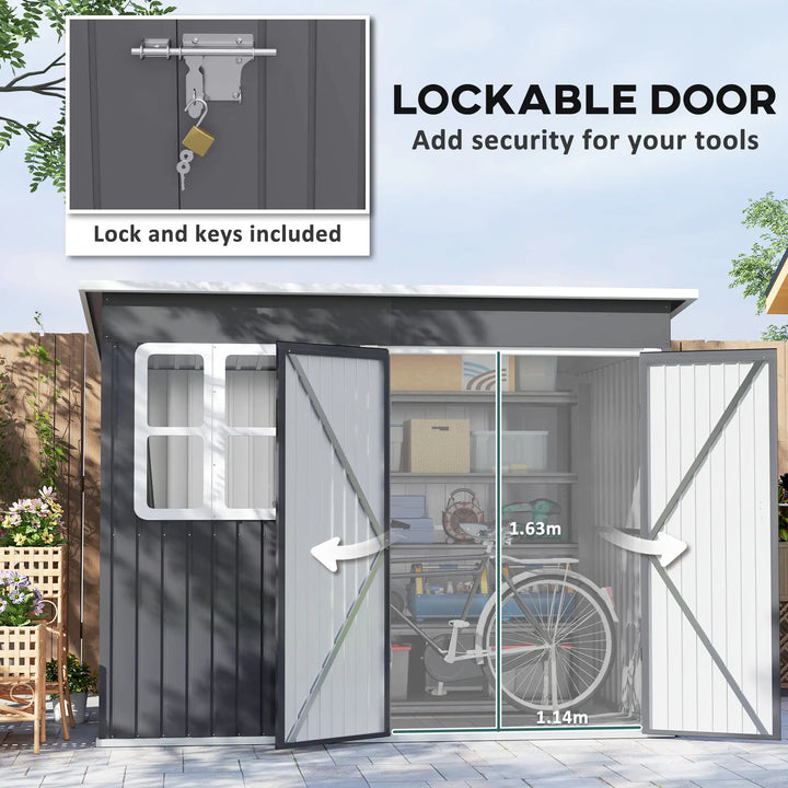 8.5' x 6' Galv Steel Metal Outdoor Storage Shed Garden Organizer w Swing Doors, Window - Dark Grey