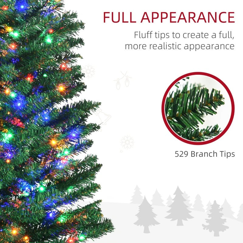 7.5ft Pre-lit Ultra Slim Pencil Faux Christmas Holiday Tree w 200 Multicolour LED Lights, Green