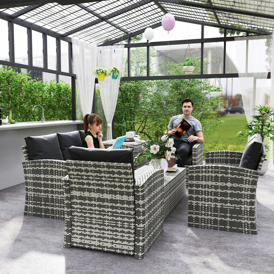 6pc 7-Seat Premium PE Rattan Wicker Conversation Outdoor Patio Set, Cushions & Storage, Grey, Black