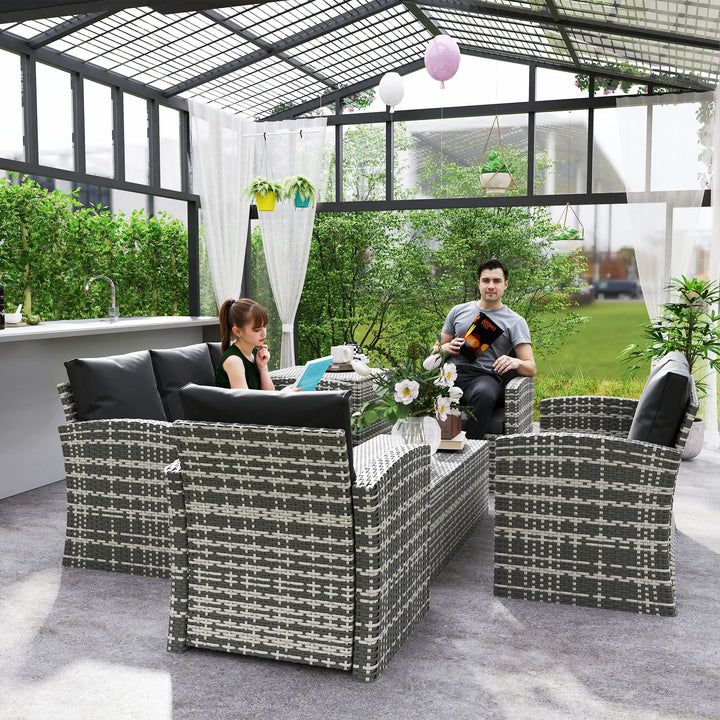 6pc 7-Seat Premium PE Rattan Wicker Conversation Outdoor Patio Set, Cushions & Storage, Grey, Black