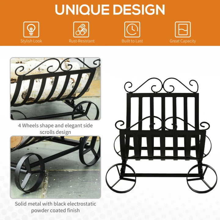 Stylish 23" Firewood Log Rack Curved Fireplace Holder Storage w/ Scrolls Outdoor Indoor - Black