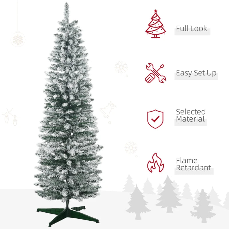 NEW 6ft 390-Tip Unlit Snow Flocked Slim Pencil Artificial Christmas Holiday Fake Xmas Tree, Green