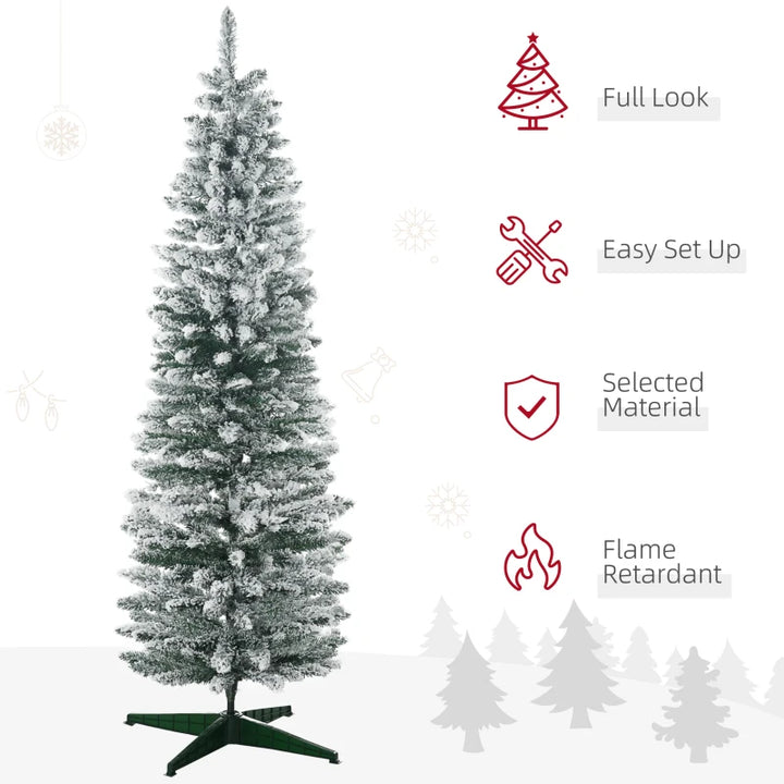 NEW 6ft 390-Tip Unlit Snow Flocked Slim Pencil Artificial Christmas Holiday Fake Xmas Tree, Green