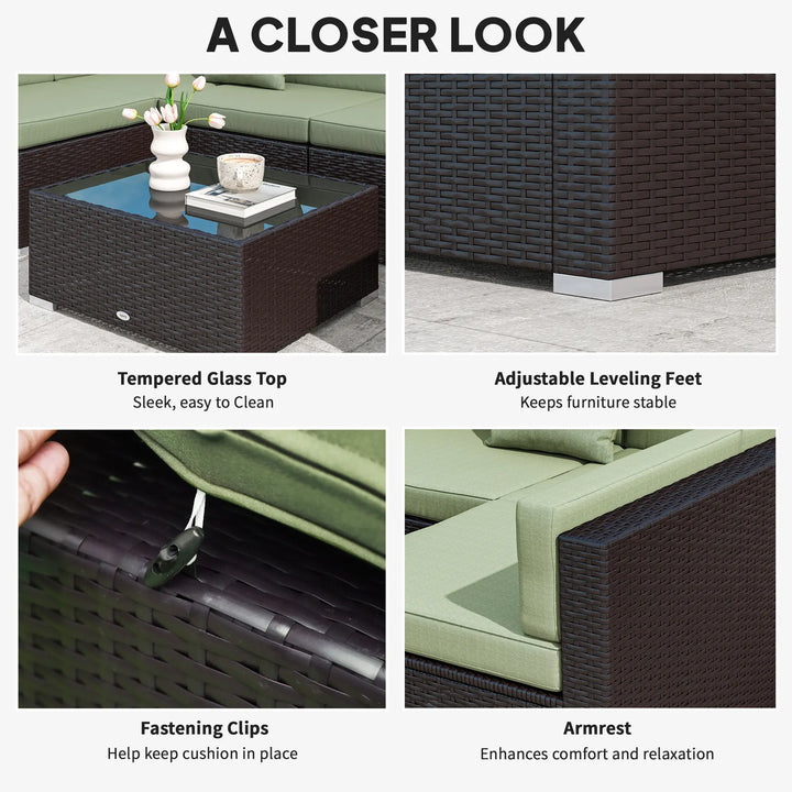 7pc 6-Seat Rattan Wicker Sectional Conversation Set w Cushions Outdoor Patio, Dk Brown, Light Green