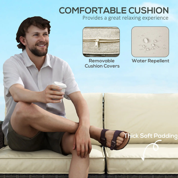 6pc 5-Seat Premium L-Shape PE Rattan Wicker Sectional Conversation Patio Set, Brown, Cream Beige