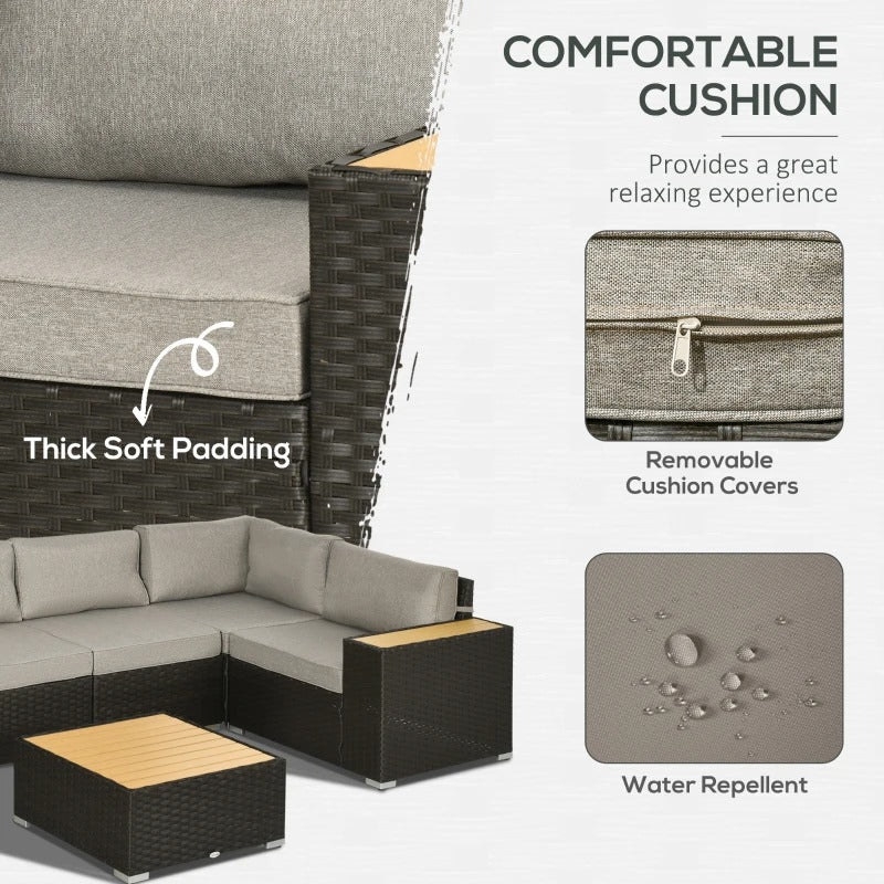 6pc Premium L-Shape PE Rattan Wicker Sectional Conversation Sofa Set Outdoor Patio, Brown, Grey