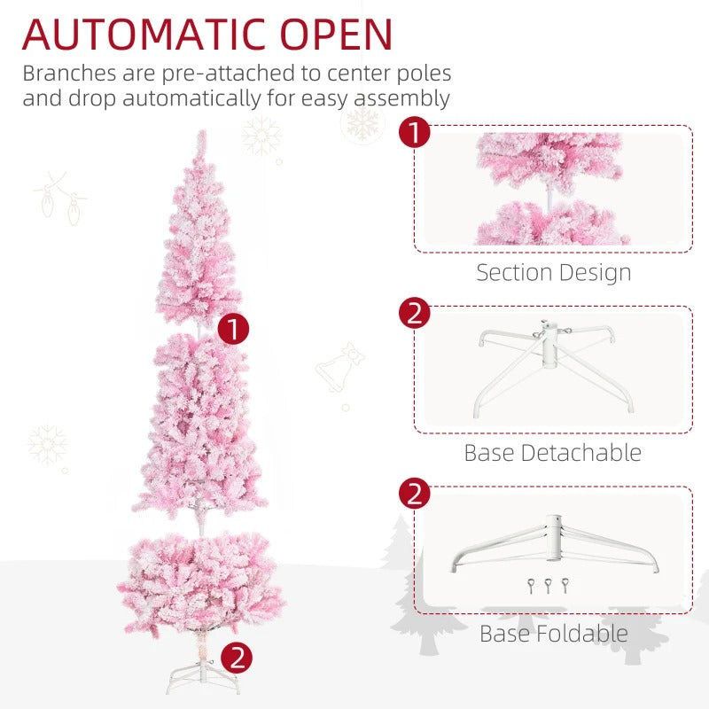 7.5ft 800-Tip Snow Flocked Unlit Artificial Pencil Christmas Holiday Tree, Xmas Decor, Pink