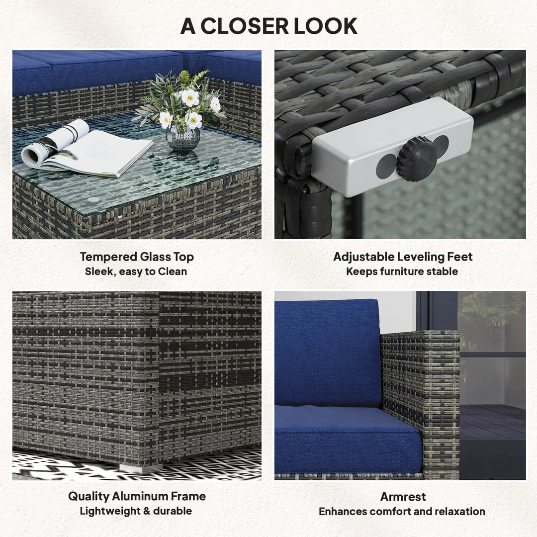 4pc L-Shape PE Rattan Wicker Corner Sectional Outdoor Patio Furniture Set, Cushions, Navy Blue Grey