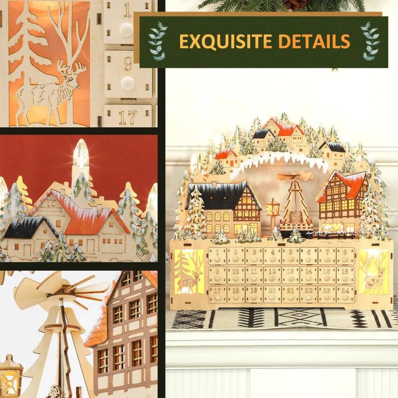 NEW Light-Up Wooden Christmas Advent Countdown Decor w 24 Drawers, Holiday Mountain Winter Village