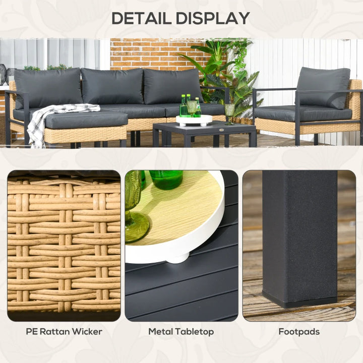 6pc Steel PE Rattan Wicker Outdoor Conversation Metal Sofa Patio Set w Cushions - Beige, Grey