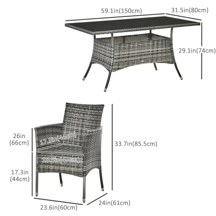 7pc PE Rattan Wicker Dining Set w 6 Arm Chairs & Glass Table Top, Outdoor Patio, Mixed Grey