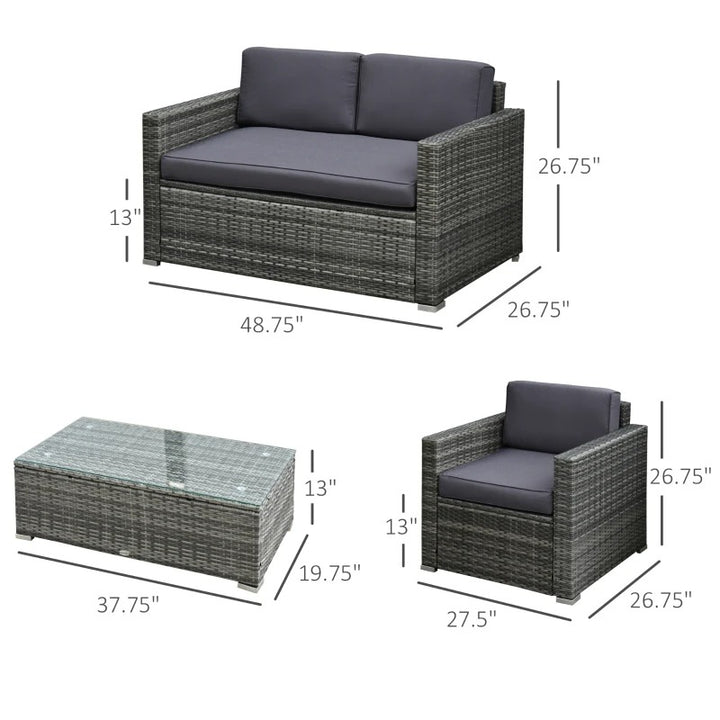 4pc PE Rattan Wicker Conversation Furniture Set, Armchairs, Cushions, Outdoor Patio, Mixed Grey