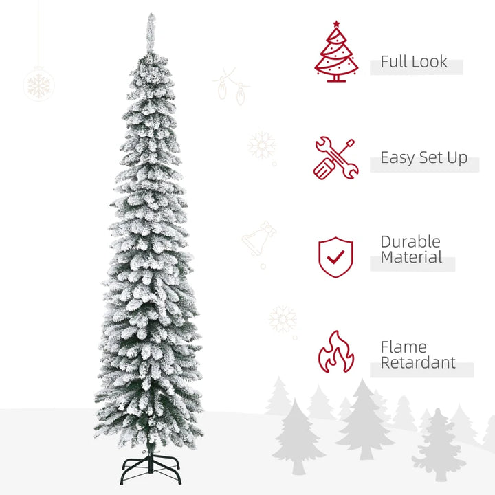 NEW 7ft 490-Tip Ultra Slim Snow Flocked Pencil Artificial Christmas Holiday Fake Xmas Tree, Green