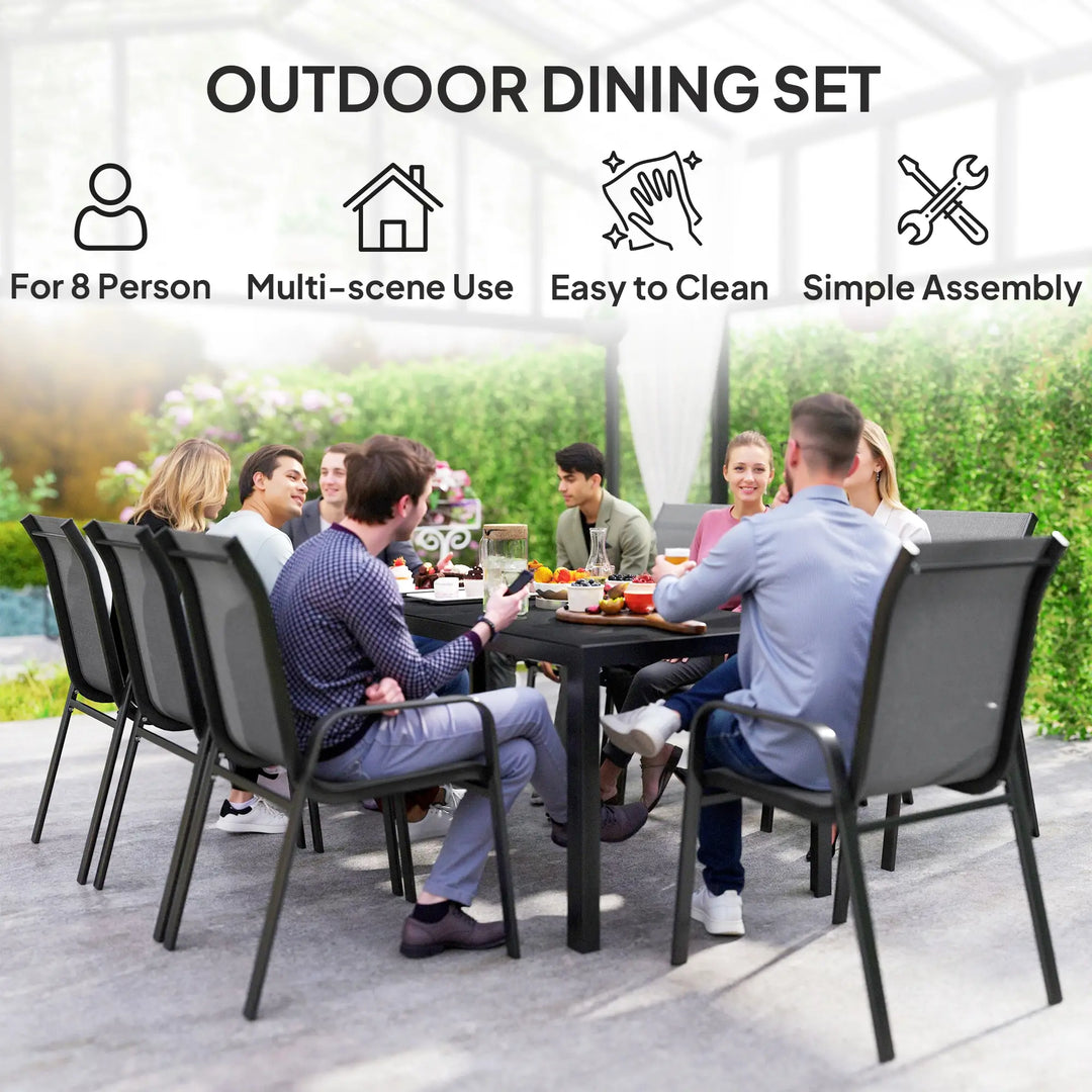 9pc 8-Seat Steel Outdoor Dining Set w Glass Tabletop, 8 Stackable Chairs, Garden Patio, Black, Grey