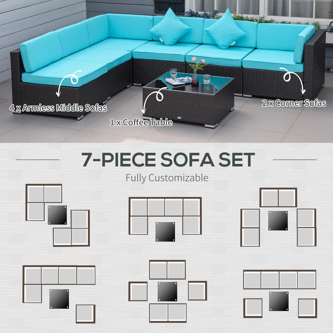 7pc Rattan Wicker Sectional Conversation Furniture Set w Cushions, Outdoor Patio, Aqua Blue, Brown
