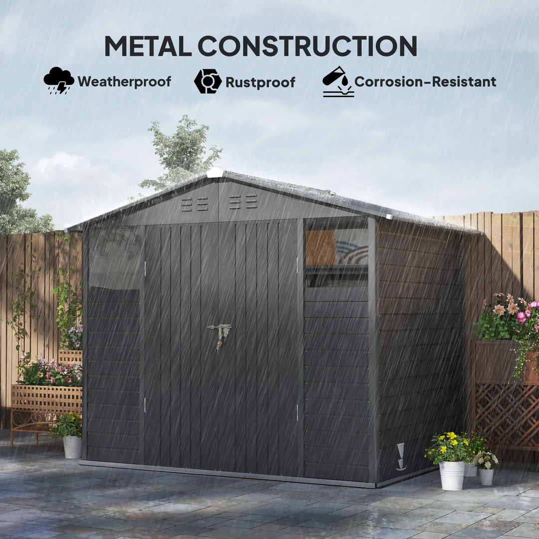 8' x 6' Galv Steel Metal Outdoor Bike Tool Storage Utility Garden Shed, Swing Doors, Windows, Grey