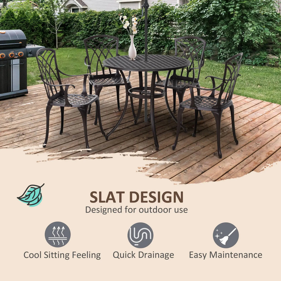 5pc Modern Cast Aluminum Round Bistro Table & Chair Outdoor Dining Set for Garden Patio, Dark Brown