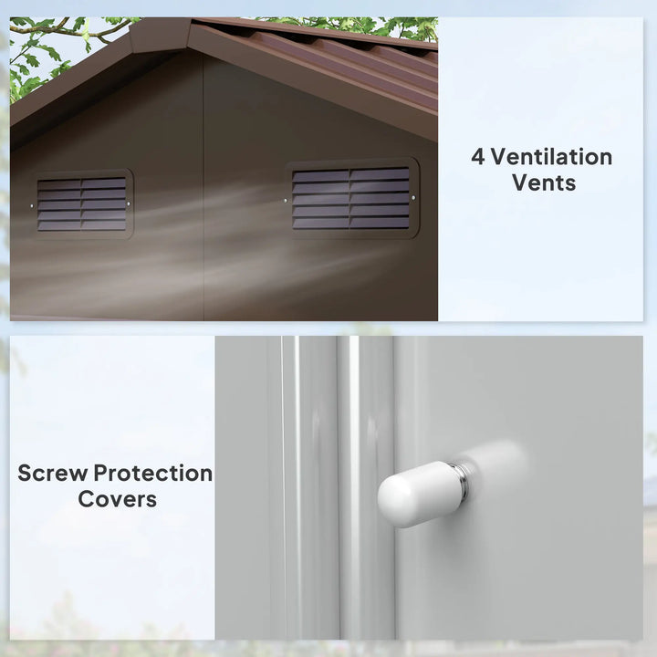 7.7' x 6.4' x 6.8'  Galv Steel Outdoor Storage Shed Garden Tool Organizer, Stained Woodgrain Brown