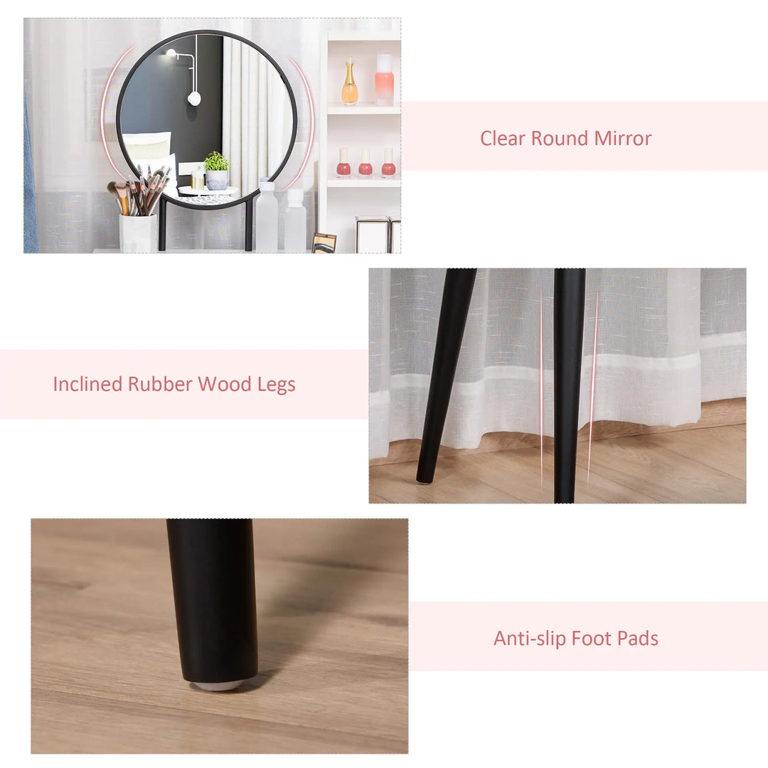 Chic Vanity Makeup Bedroom Dressing Table w Mirror, Stool, Drawers, Open Shelves, White & Black