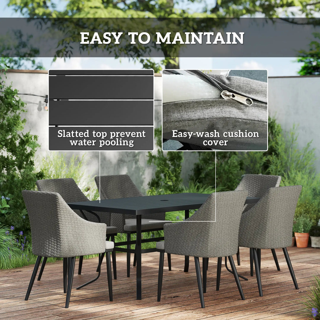 7pc, 6 Seat Chic Outdoor Patio Dining Set w Steel Slatted Table, Rattan Chairs, Umbrella Hole, Grey