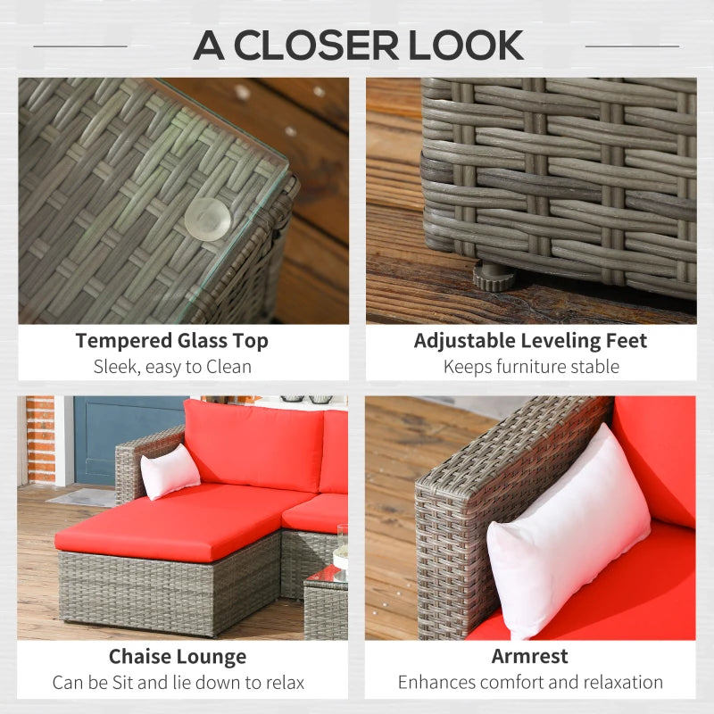 3pc Compact PE Rattan Wicker Conversation Sofa Set w Cushions for Outdoor Patio - Grey, Red