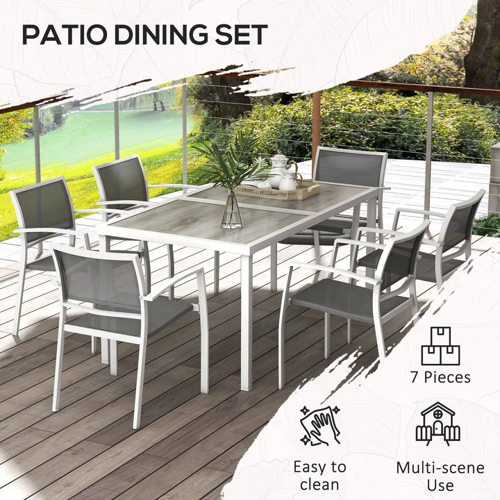 7pc, 6-Seat Steel Outdoor Patio Dining Set w Composite Tabletop, 6 Stackable Chairs, White, Grey
