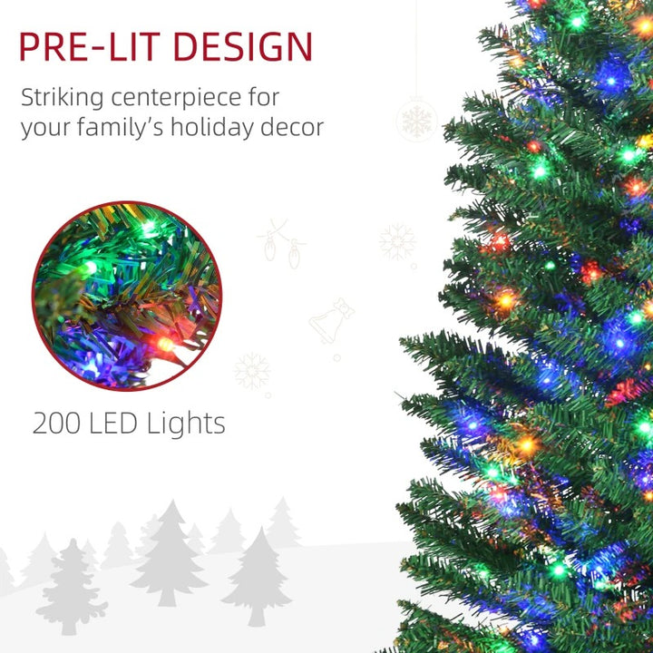 7.5ft Pre-lit Ultra Slim Pencil Faux Christmas Holiday Tree w 200 Multicolour LED Lights, Green