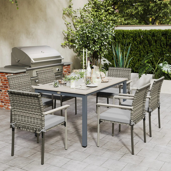 7pc, 6-Seat Rattan Wicker Compact Dining Set w Wood Tabletop, Cushions for Outdoor Deck Patio, Grey