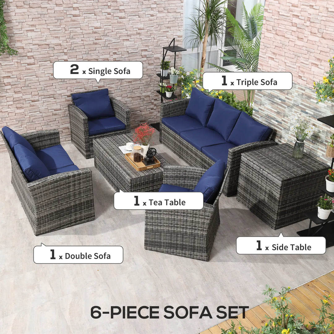 6pc 7-Seat Premium PE Rattan Wicker Conversation Outdoor Patio Set, Cushions Storage, Grey, Dk Blue