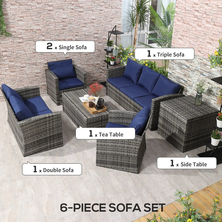 6pc 7-Seat Premium PE Rattan Wicker Conversation Outdoor Patio Set, Cushions Storage, Grey, Dk Blue