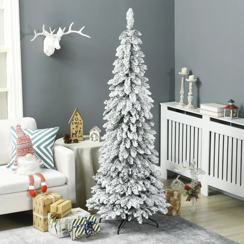 6ft 523-Tip Unlit Snow Flocked Slim Pencil Artificial Christmas Holiday Tree Xmas Decor, Green