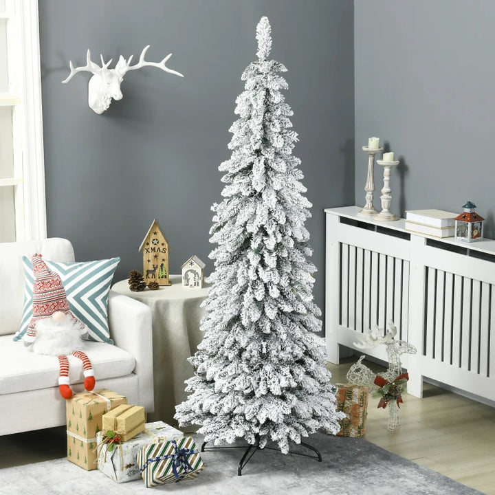 6ft 523-Tip Unlit Snow Flocked Slim Pencil Artificial Christmas Holiday Tree Xmas Decor, Green