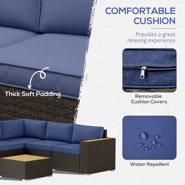 6pc 5-Seat Premium L-Shape PE Rattan Wicker Sectional Conversation Set Outdoor Patio, Brown, Blue