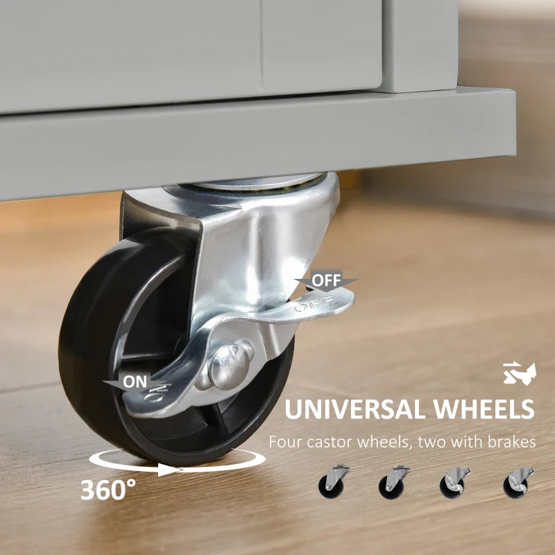 Modern Rolling Kitchen Island Storage Cart Cabinet Sideboard w Drawers, Natural Wood Top, Grey