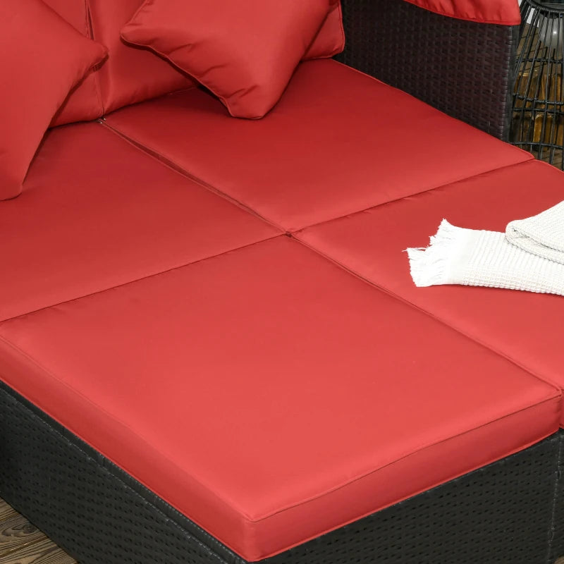 2-Person Outdoor Rattan Wicker Canopy Daybed Lounge Chaise Sofa Patio Set, Cushions, Black, Red