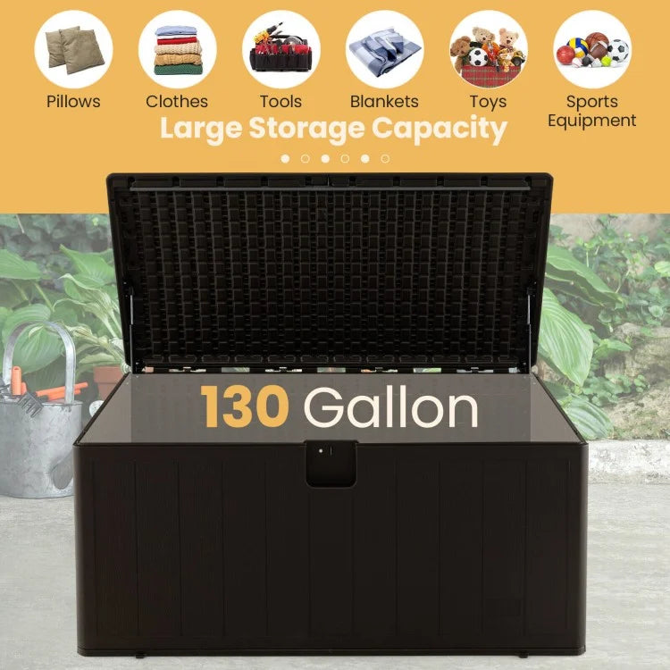 50" 130 Gal Plastic All Weather Deck Box w Lockable Lid, Storage Container Outdoor Patio, Brown