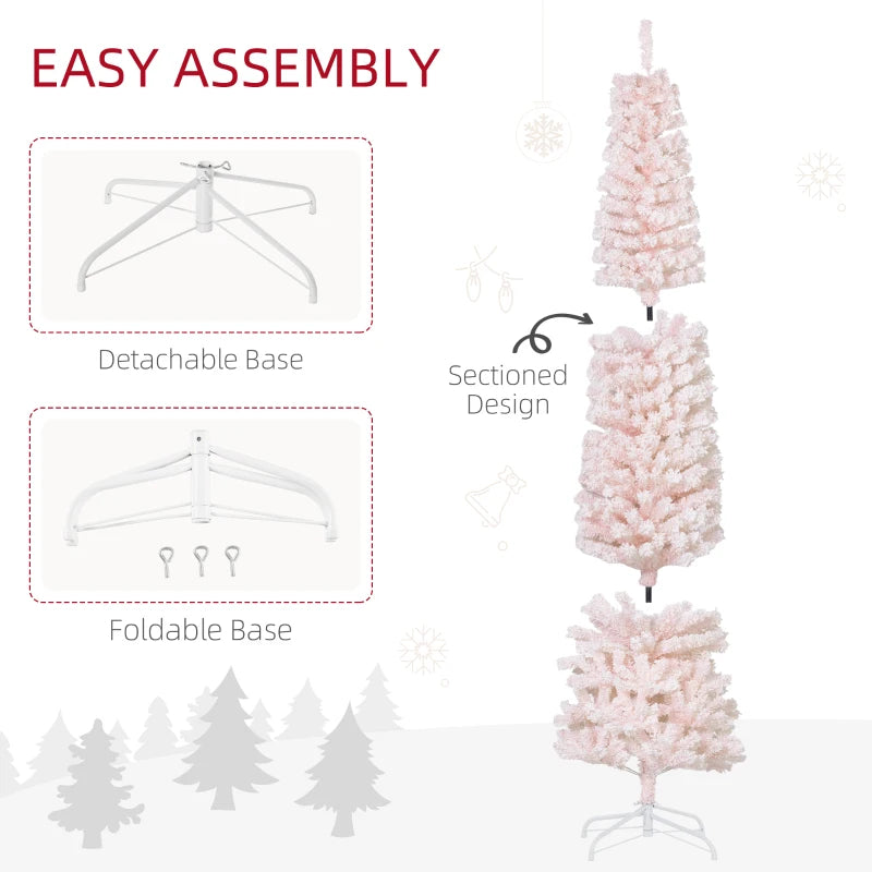 7.5ft 738-Tip Unlit Snow Flocked Slim Artificial Pencil Christmas Holiday Fake Xmas Tree, Pink