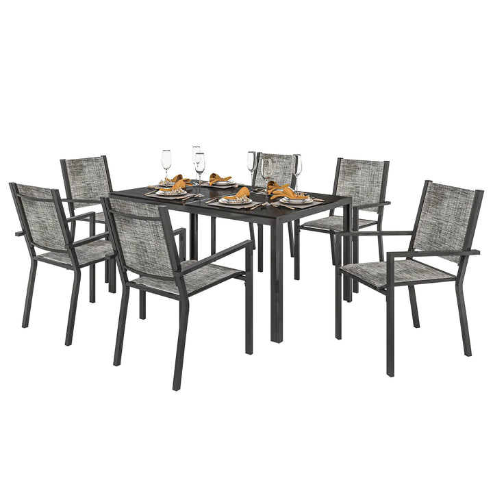 7pc, 6-Seat Steel Outdoor Patio Dining Set, Composite Tabletop, 6 Stackable Chairs, Black, Mix Grey