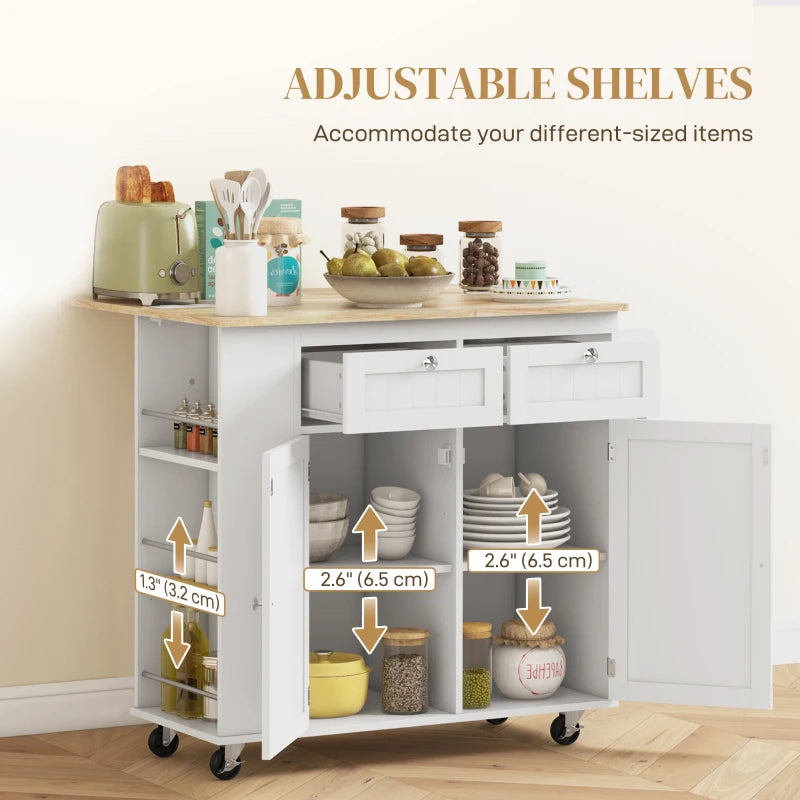 Electric Kitchen Island Cart w Power & USB Port, Drop-leaf Countertop w Wheels, Wood Top, White