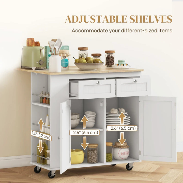 Electric Kitchen Island Cart w Power & USB Port, Drop-leaf Countertop w Wheels, Wood Top, White