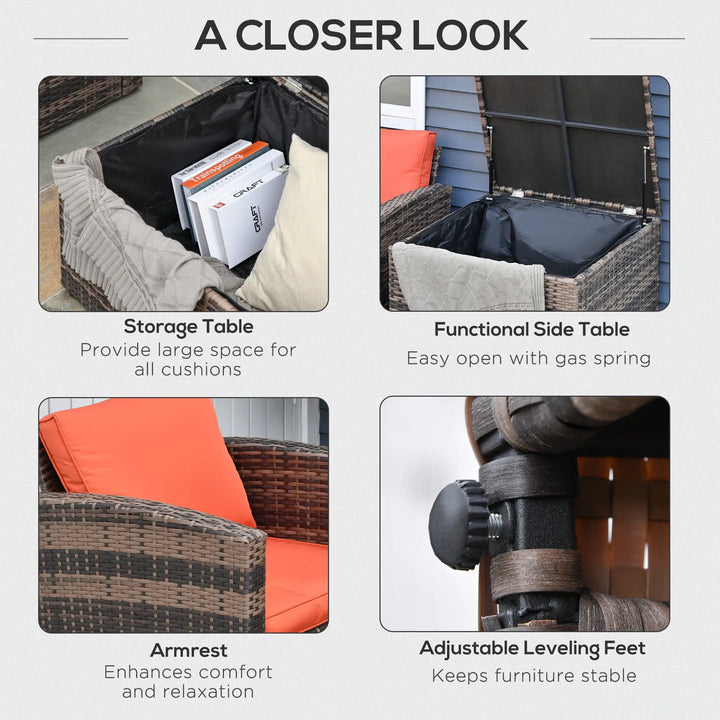 6pc 7-Seat Premium PE Rattan Wicker Conversation Outdoor Patio Set, Cushions Storage, Brown, Orange