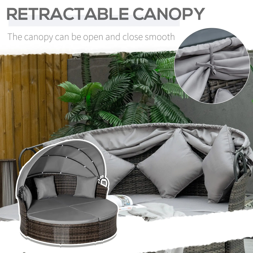 2pc Rattan Wicker Round Canopy Daybed Lounger Outdoor Patio Sofa Plus Bench w Cushions, Mixed Grey