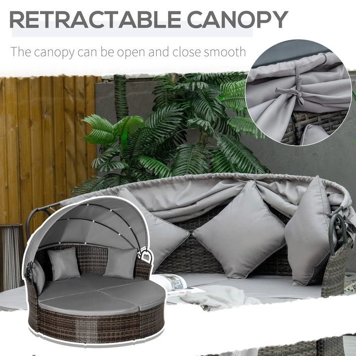 2pc Rattan Wicker Round Canopy Daybed Lounger Outdoor Patio Sofa Plus Bench w Cushions, Mixed Grey